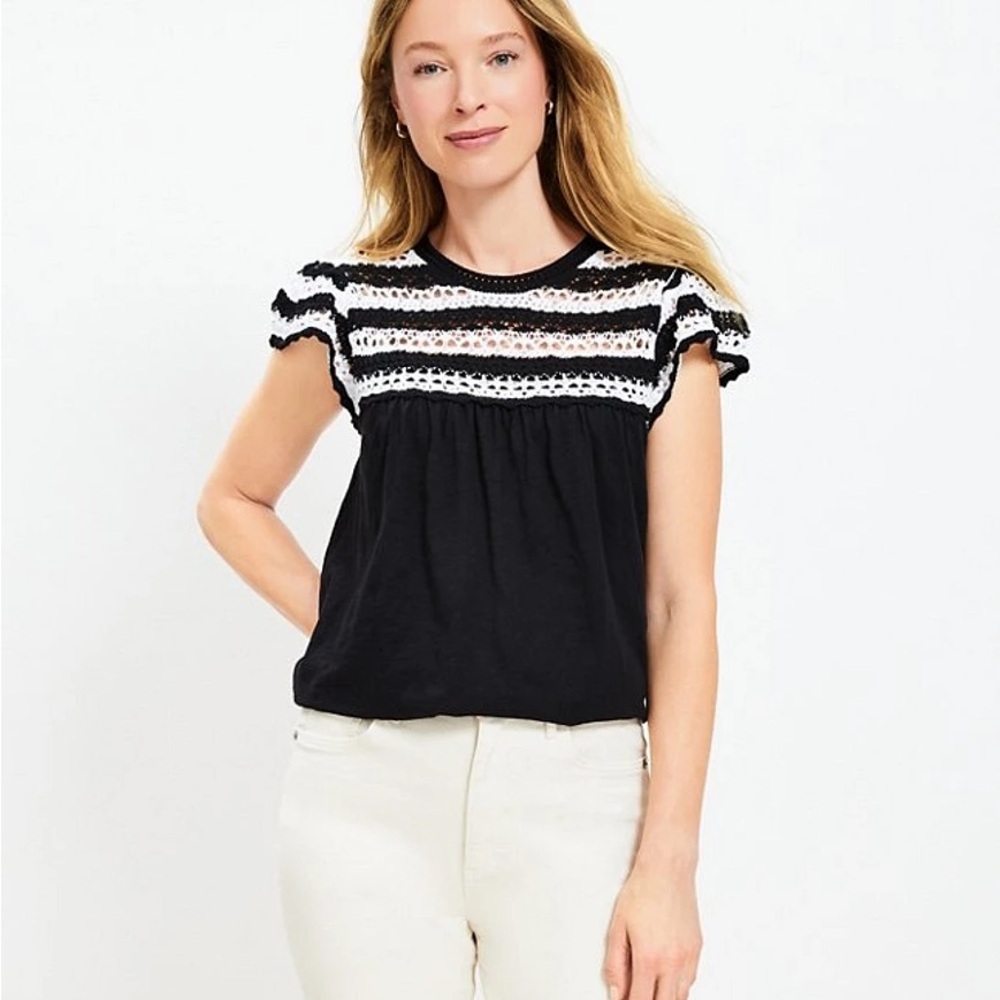 Loft Crochet Ruffle Sleeve Top Large - Picture 2 of 10